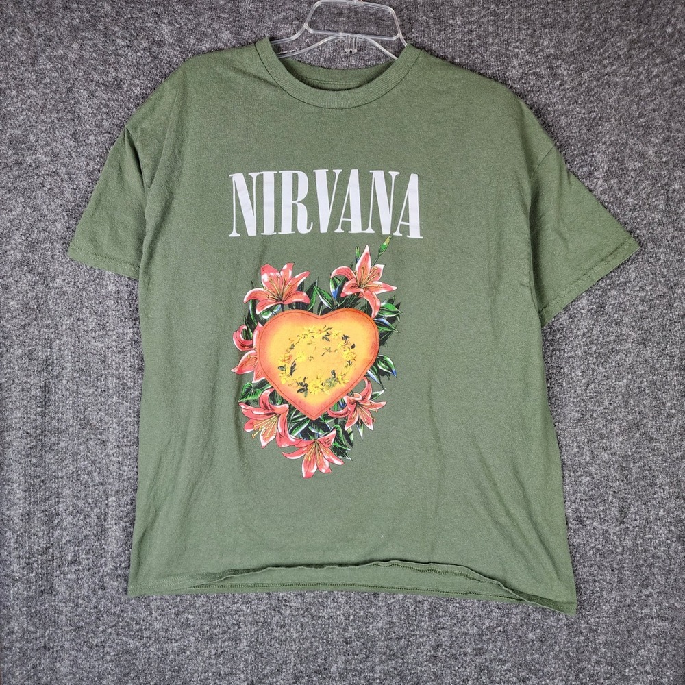 Nirvana T-Shirt Womens XL Heart Box Floral Graphic Olive Green Short Sleeve EUC